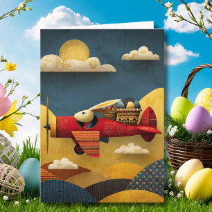 Abstract Bunny Flies Airplane Clouds Custom Easter Card