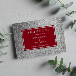 Abstract burgundy faux silver glitter thank you card
