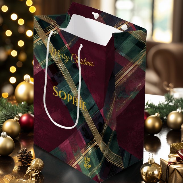 Abstract Burgundy & Green Plaid Christmas Custom Medium Gift Bag (Creator Uploaded)