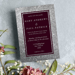 Abstract burgundy silver glitter luxury Wedding  Invitation