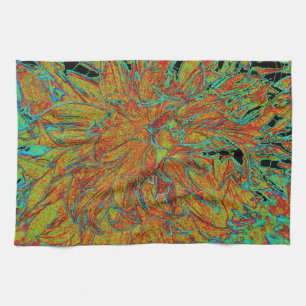 Abstract Burnt Orange and Green Dahlia Bloom Tea Towel