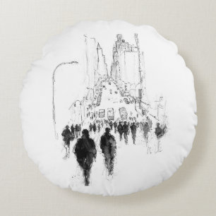 Abstract Busy Street Scene Round Cushion