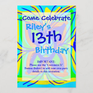 Abstract Butterfly Flower Kids Doodle Teal Lime Invitation