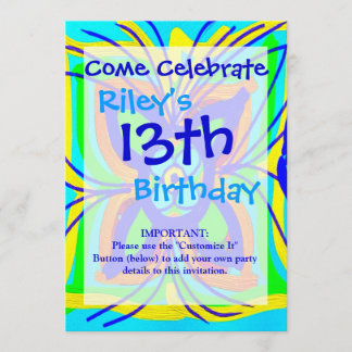 Abstract Butterfly Flower Kids Doodle Teal Lime Invitation