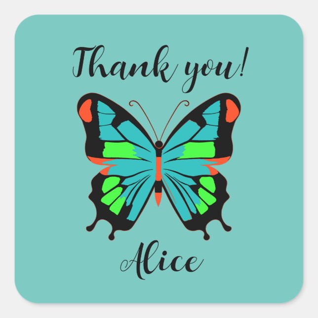 Abstract Butterfly Thank you with Name   Square Sticker (Front)