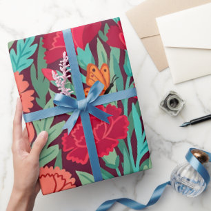 Abstract Carnations Butterflies Wrapping Paper
