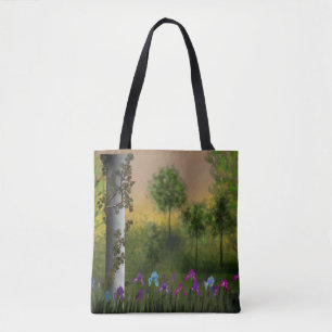 Abstract cartoon digital landskae forest trees flo tote bag