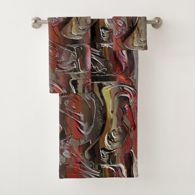 Abstract carved in mahogany and dark red bath towel set (Insitu)