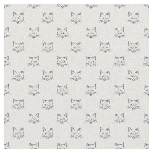 Abstract Cat Portrait Sketch Black White Design Fabric (Close Up)