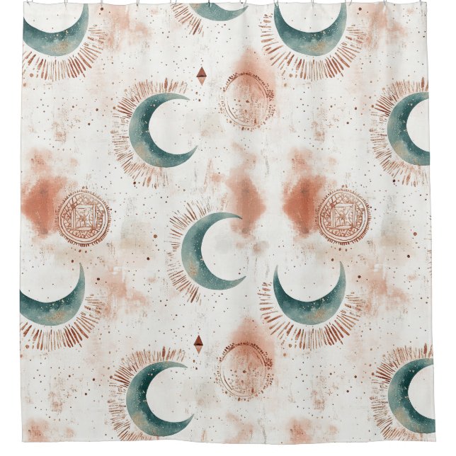 Abstract Celestial Crescent Moons Terracotta Shower Curtain (Front)