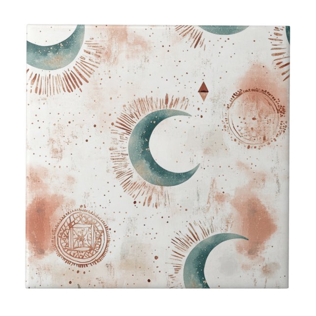 Abstract Celestial Crescent Moons Terracotta Tile (Front)