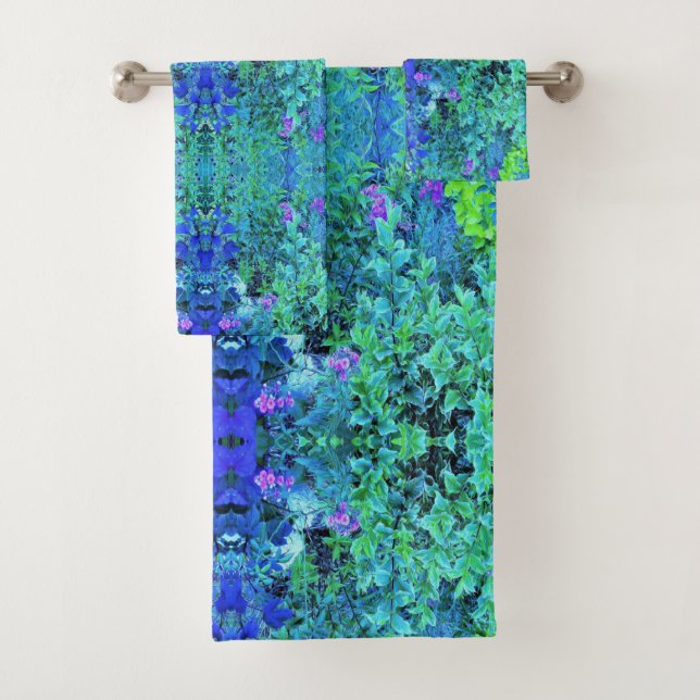 Abstract Chartreuse and Blue Foliage Pattern Bath Towel Set (Insitu)