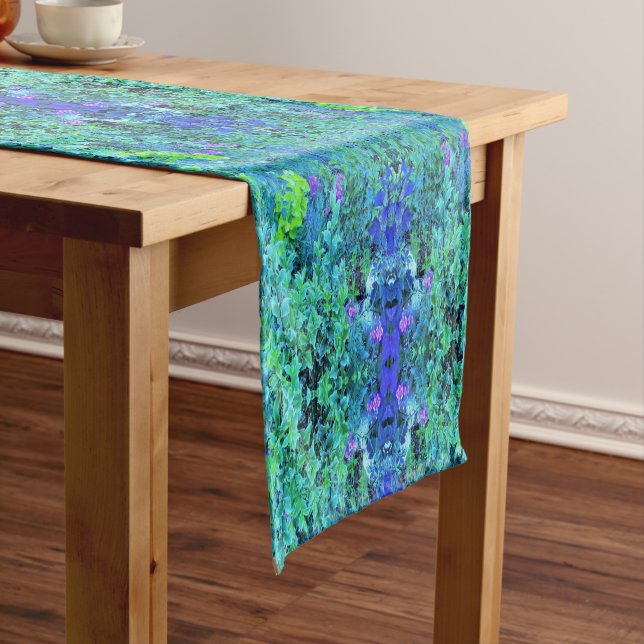 Abstract Chartreuse and Blue Foliage Pattern Short Table Runner (In Situ)