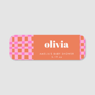 Abstract Checker Pink Orange Custom Baby Shower Name Tag
