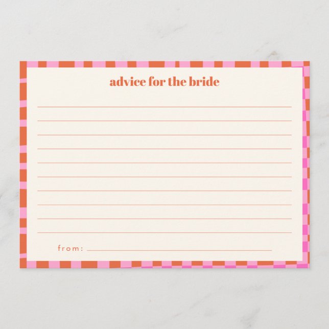 Abstract Checker Pink Orange Custom Bridal Shower Advice Card (Front)