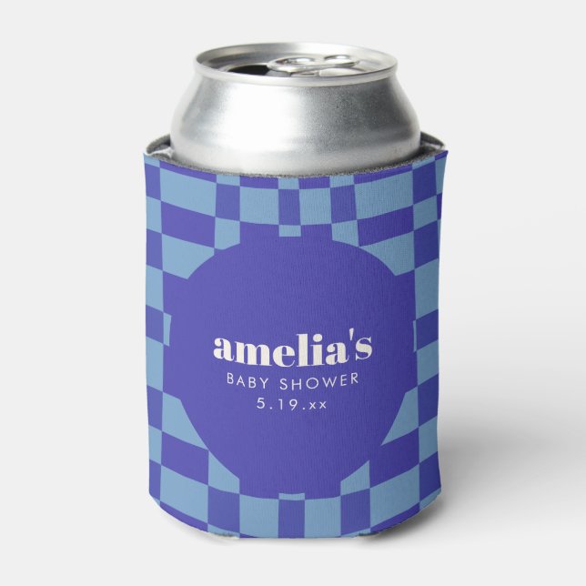 Abstract Checkerboard Blue Custom Baby Shower Can Cooler (Can Front)