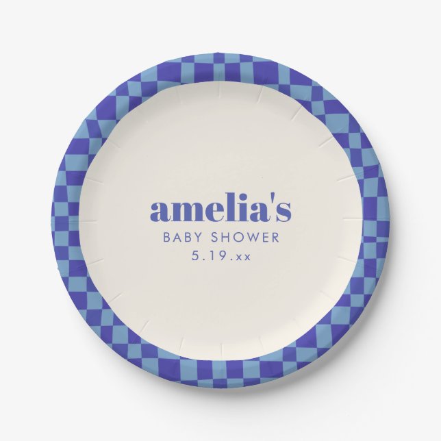 Abstract Chequerboard Blue Custom Baby Shower Paper Plate (Front)