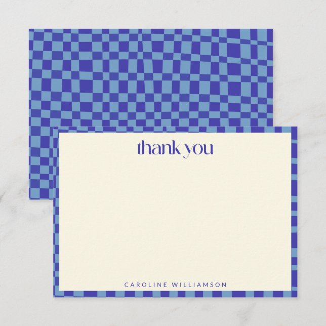 Abstract Chequerboard Blue Personalised Name Thank You Card (Front/Back)