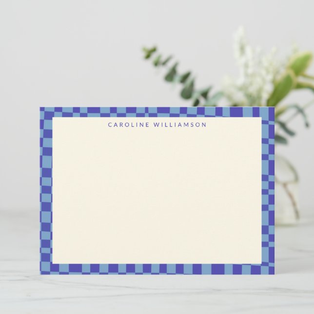 Abstract Chequerboard Blue Personalised Stationery Card (Standing Front)