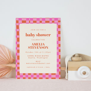 Abstract Chequered Art Pink Orange Baby Shower Invitation