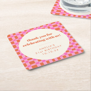 Abstract Chequered Pink Custom 21st Birthday Thank Square Paper Coaster