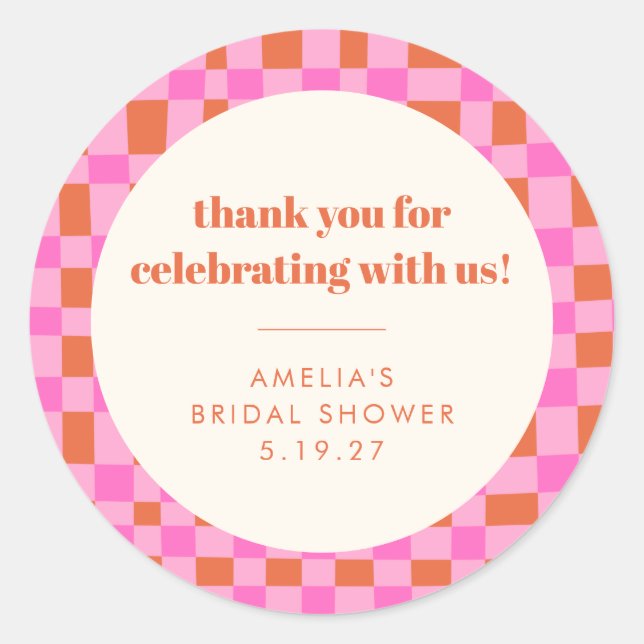 Abstract Chequered Pink Custom Bridal Shower Thank Classic Round Sticker (Front)