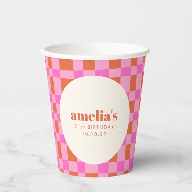 Abstract Chequered Pink Orange Custom  21st Birthd Paper Cups (Front)