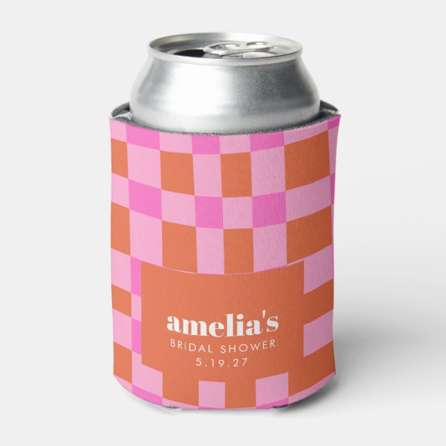Abstract Chequered Pink Orange Custom Bridal Showe Can Cooler (Can Front)