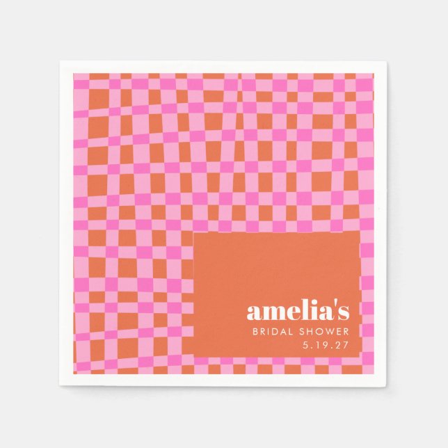 Abstract Chequered Pink Orange Custom Bridal Showe Napkin (Front)