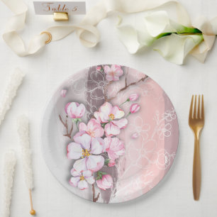 Abstract Cherry Blossoms Round Paper Plates