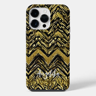 Abstract Chevron Gold and Black Personalised Name iPhone 14 Pro Max Case