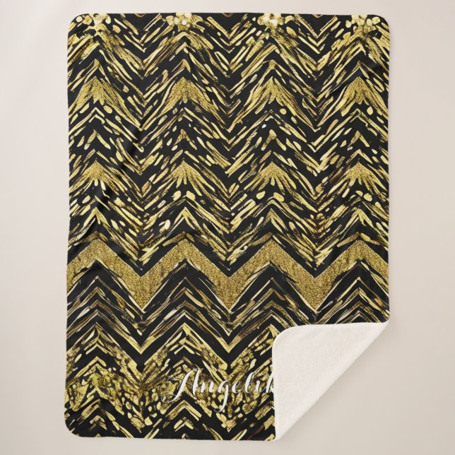 Abstract Chevron Gold and Black Personalised Name Sherpa Blanket (Front)