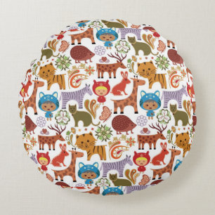 Abstract Child and Animals Pattern Round Cushion