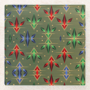 Abstract Christmas Stars Green, Red, Blue Glass Coaster