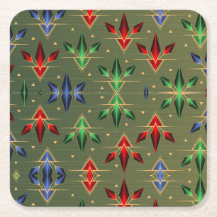 Abstract Christmas Stars Green, Red, Blue Square Paper Coaster