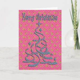 Abstract Christmas tree pink backing holly dots Holiday Card