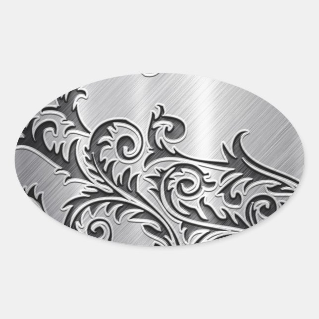 abstract chrome silver metallic floral pattern oval sticker (Front)