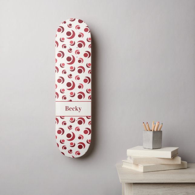 Abstract circles and crescents in red plus Name Skateboard (Wall Art)