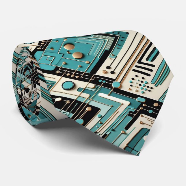 Abstract Circuit Board - Retro Mid Century Modern  Tie (Rolled)