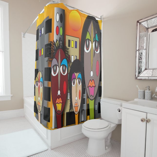 Abstract City Faces Shower Curtain (In Situ)