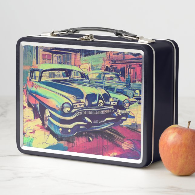 Abstract Classic Cars 1950s Metal Lunch Box (In Situ)