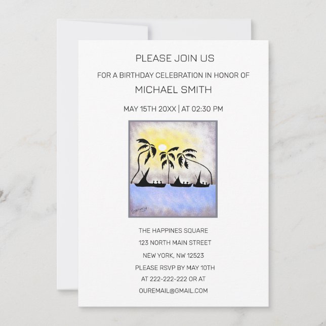 Abstract Coastal Full Moon Sailing Birthday  Invitation (Front)