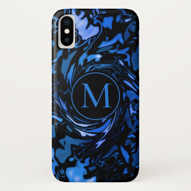 Abstract Cobalt Blue and Black Wet Paint Monogram Case-Mate iPhone Case (Back)