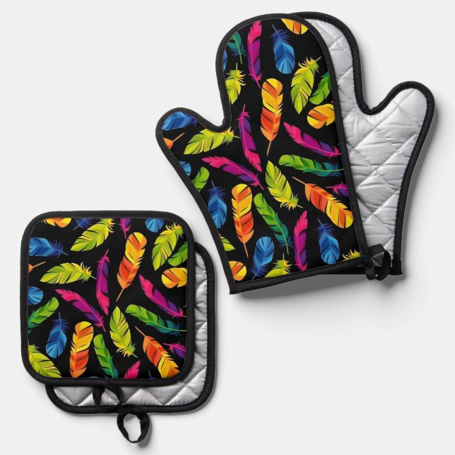 Abstract colorful feather explosion oven mitt & pot holder set (Front/Back)