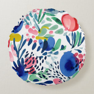  Abstract Colorful Flowers and Leaves Round Cushion