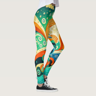 Abstract Colorful Retro 70s Hippie Waves Artwork   Leggings