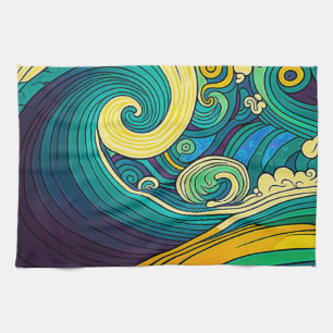 Abstract Colorful Retro 70s Hippie Waves Artwork   Tea Towel
