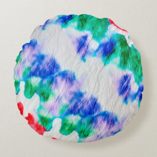 Abstract colorful tie dye pattern on a crumpled wh round cushion