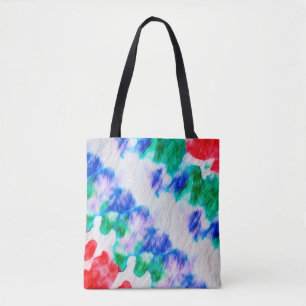 Abstract colorful tie dye pattern on a crumpled wh tote bag