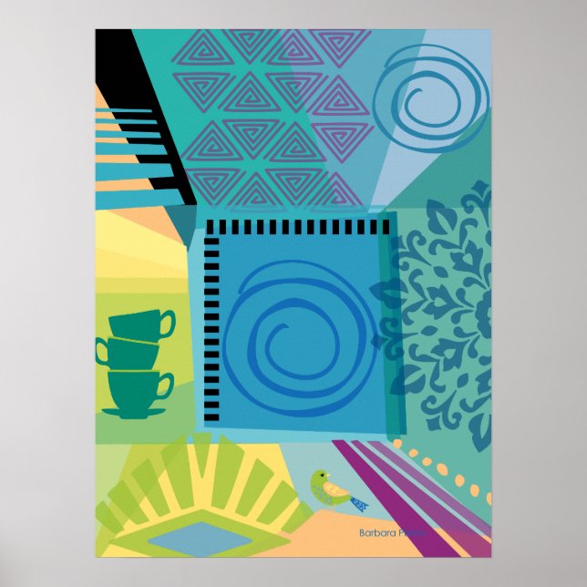 Abstract Colour Collage with Teacups Poster (Front)
